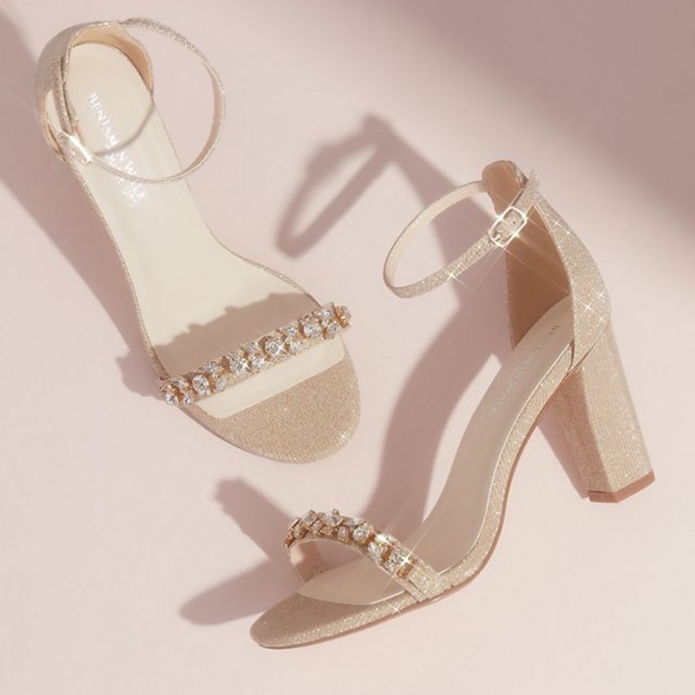 Crystal studded metallic block heels